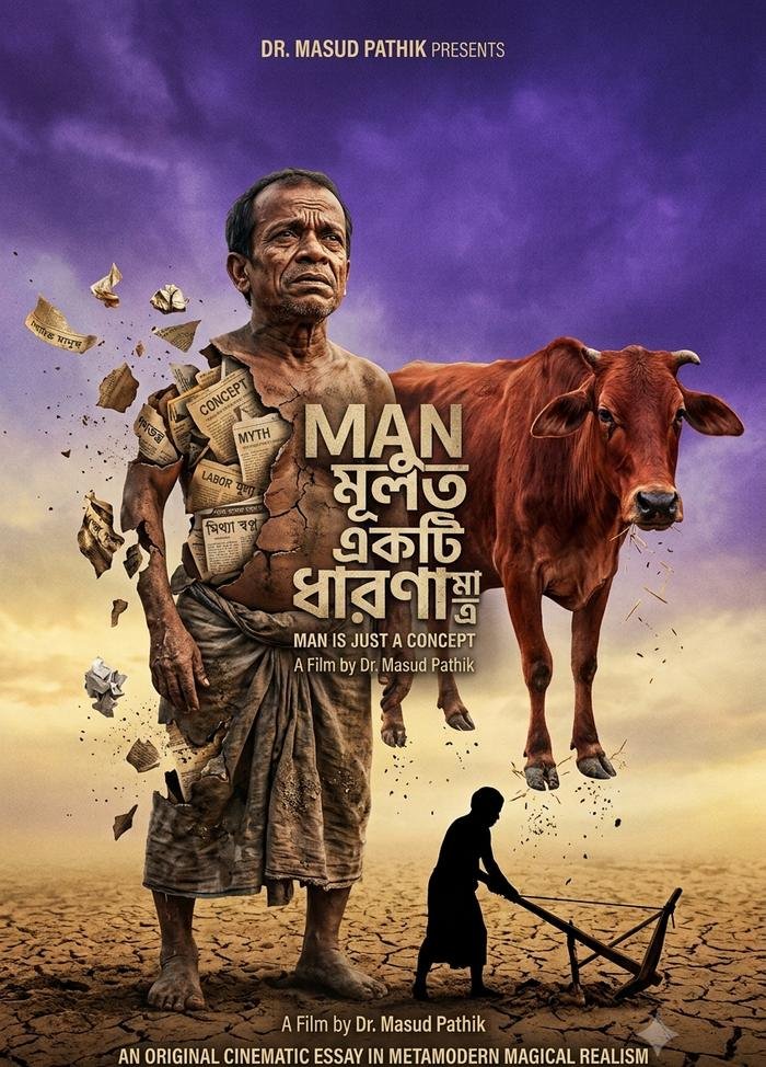 Poster for Man Is Just a Concept: an old farmer whose body breaks into newspaper scraps, beside a red bullock, on cracked earth